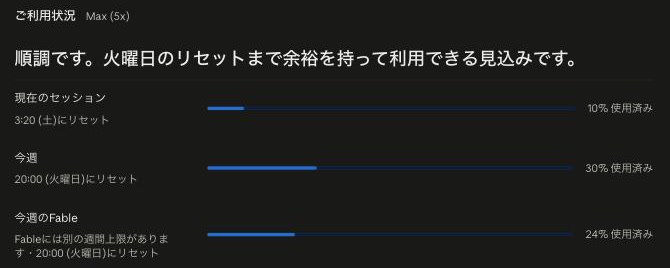 Claudeの使用量の画面。今週30%使用済み